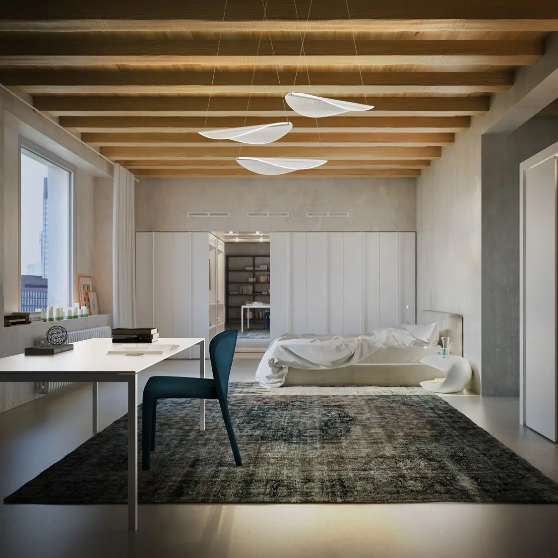 illuminazione a soffitto con travi
