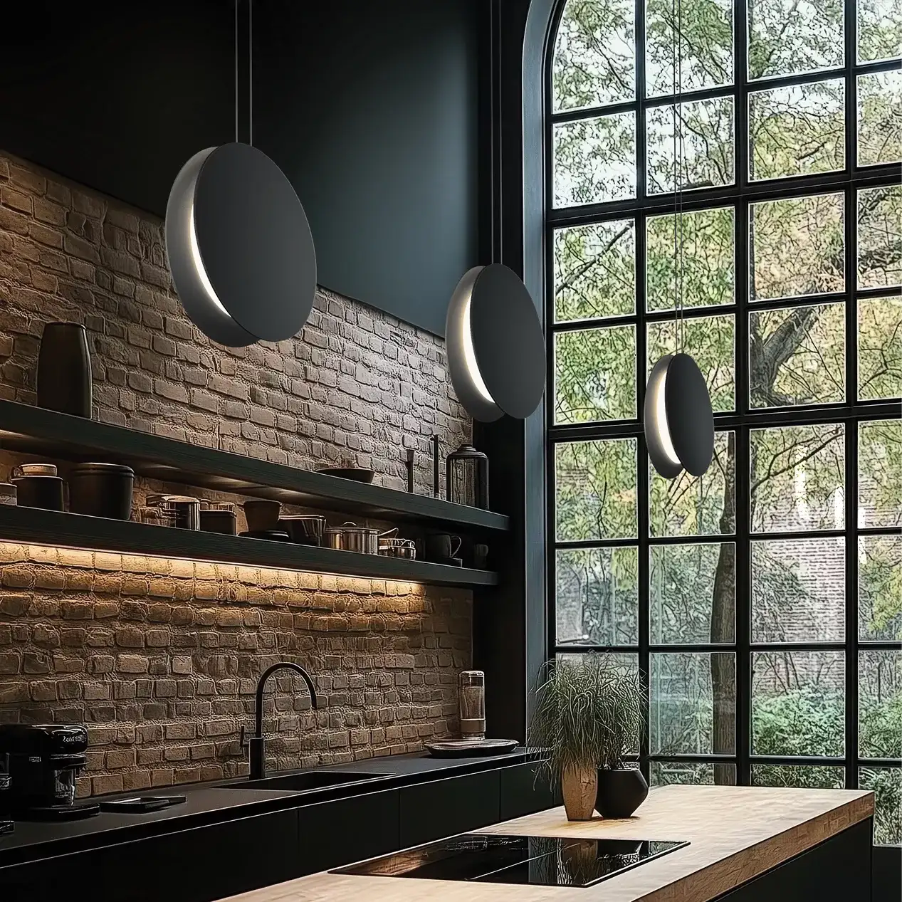 cucina con parete in pietra