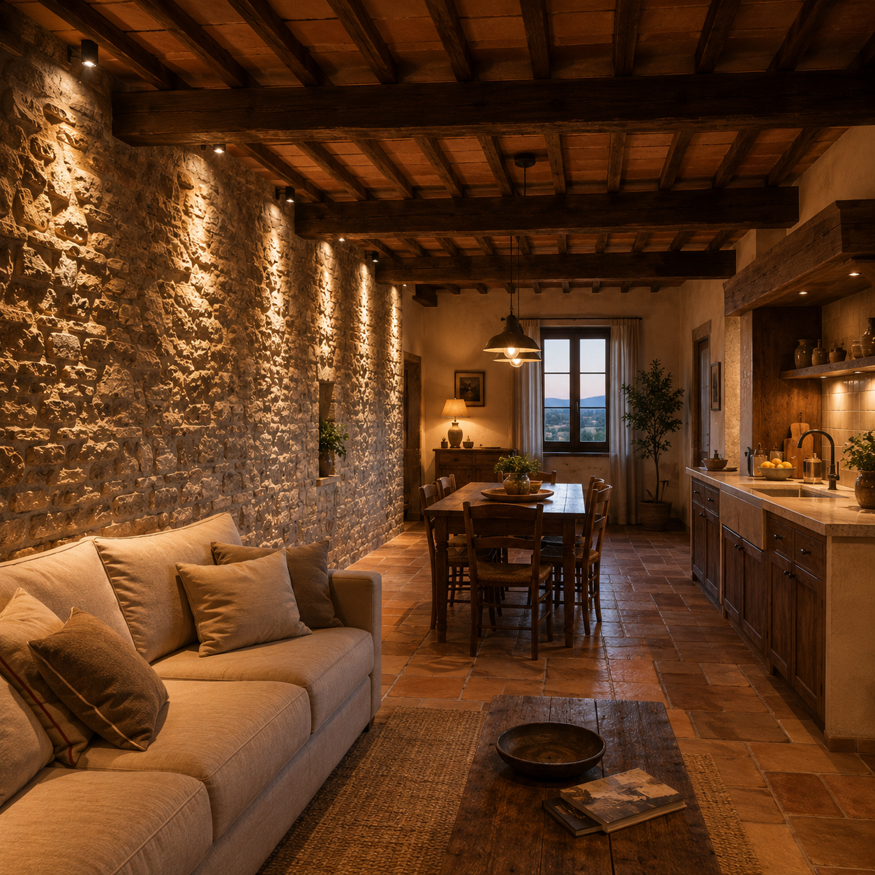 openspace stile rustico con parete in pietra